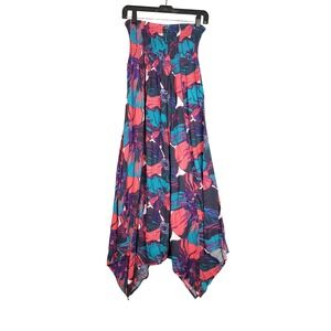 Roxy Size S Strapless Sundress Hankie Hem Midi Colorful Floral Boho Surfer VSCO